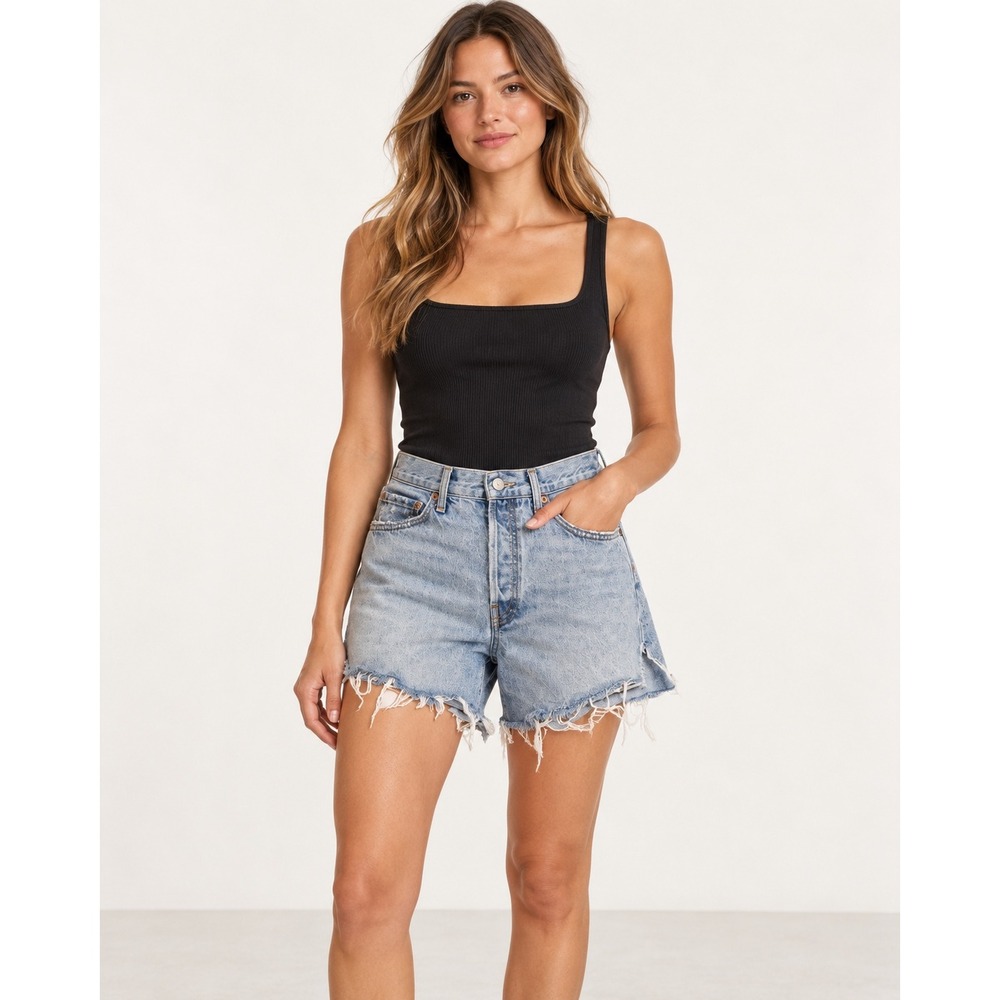 AGOLDE Women's 28 Parker Long Light Wash Distressed Denim Shorts